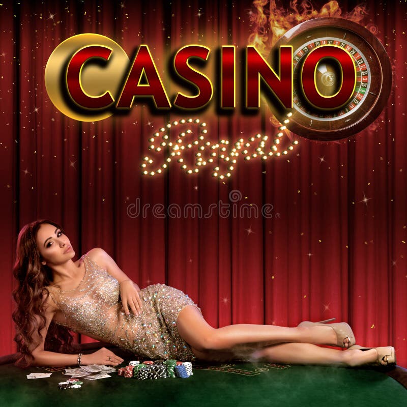 Girl in golden dress posing lying on playing table with stacks of chips, money, cards on it. Colorful background