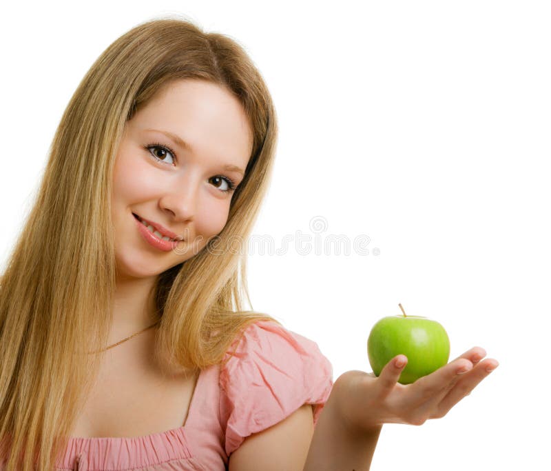 Girl with a green apple in her hand