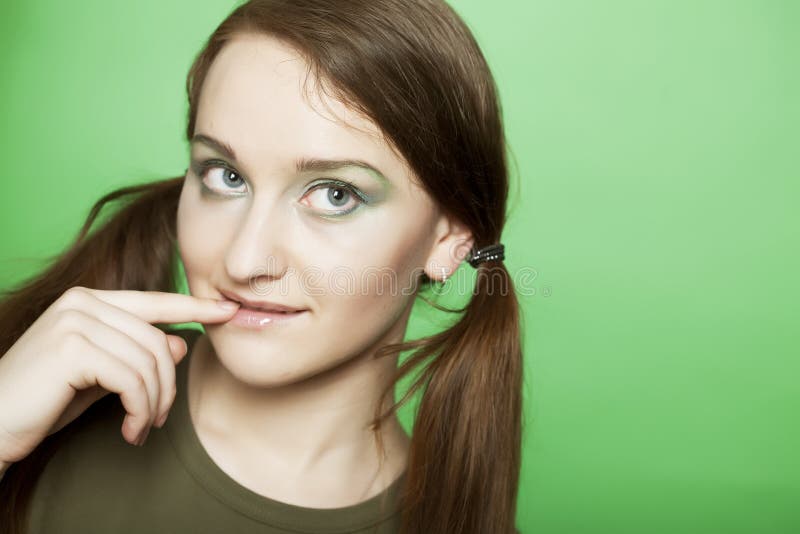 Girl on green background stock image. Image of look, mouth 11095969