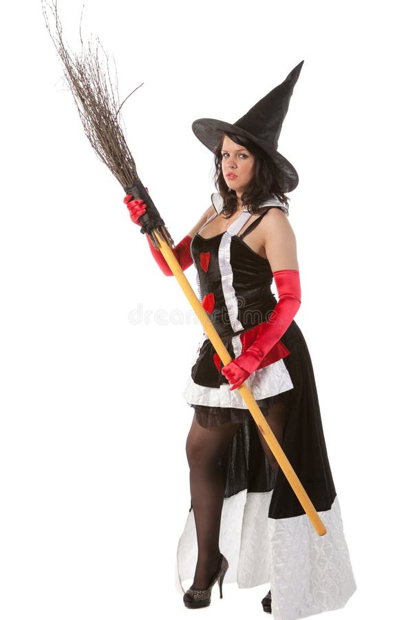 Girl in Halloween Witch Costume with Broom Stock Image Image of