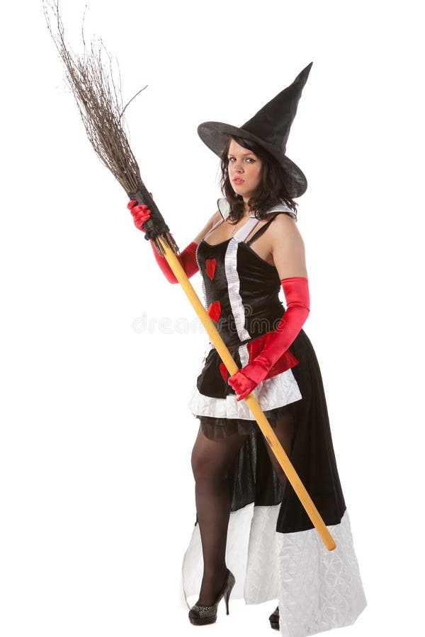 Girl in Halloween Witch Costume with Broom Stock Image - Image of ...