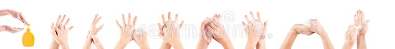 Girl hand washing isolated on white background medical procedure step by step