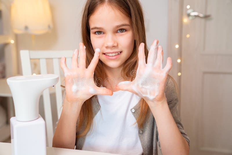 Girl Hands Disinfect With Soap Automatic Dispenser Stock Photo Im