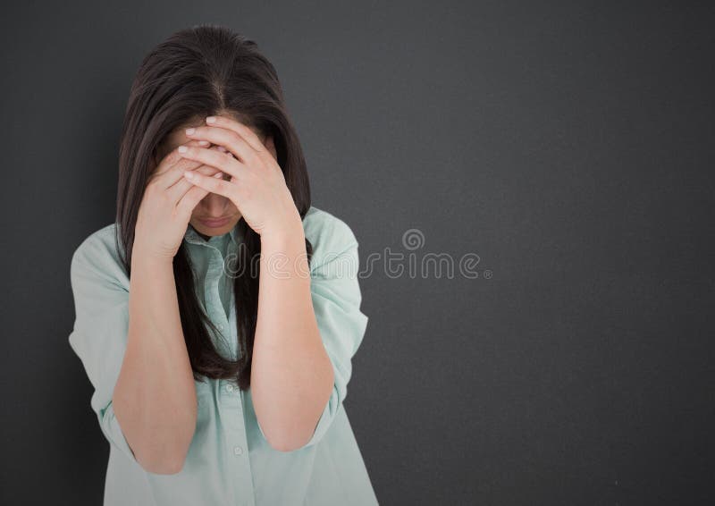 Girl with Hands on Face Against Grey Wall Stock Photo Image of