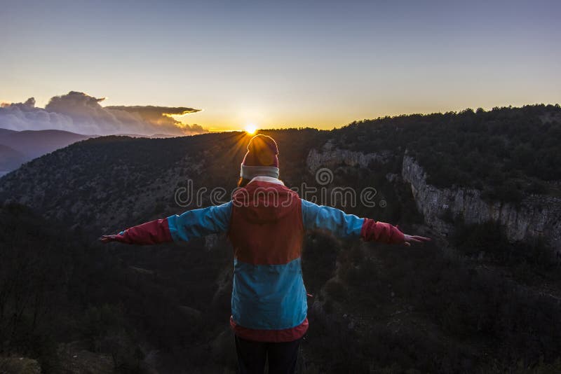 Girl Standing on a Cliff in Mountains at Sunset Stock Photo Image of