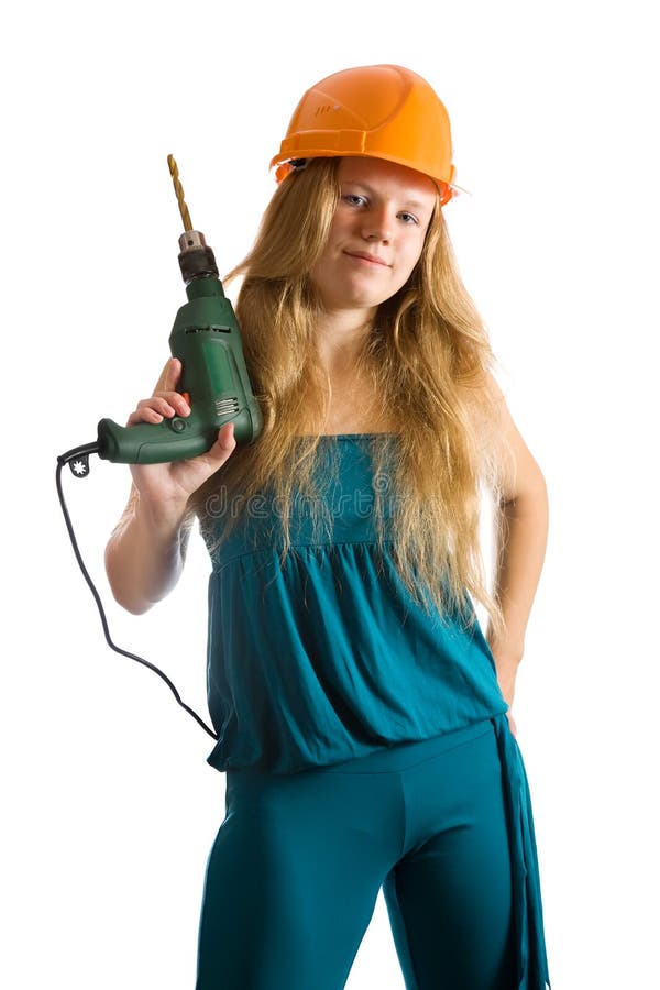 Girl in hard hat stock image. Image of hardhat, deniums 21428327