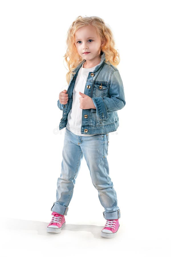Little Girl in a Blue Denim Jacket is Smiling Stock Photo Image of