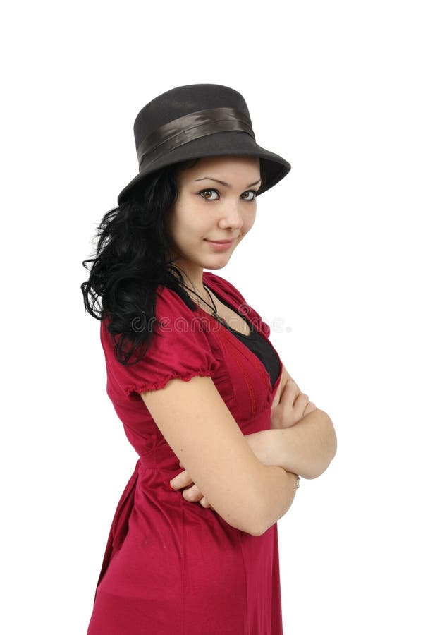 Girl with Hat and Red Dress Smiling on White Stock Photo Image of