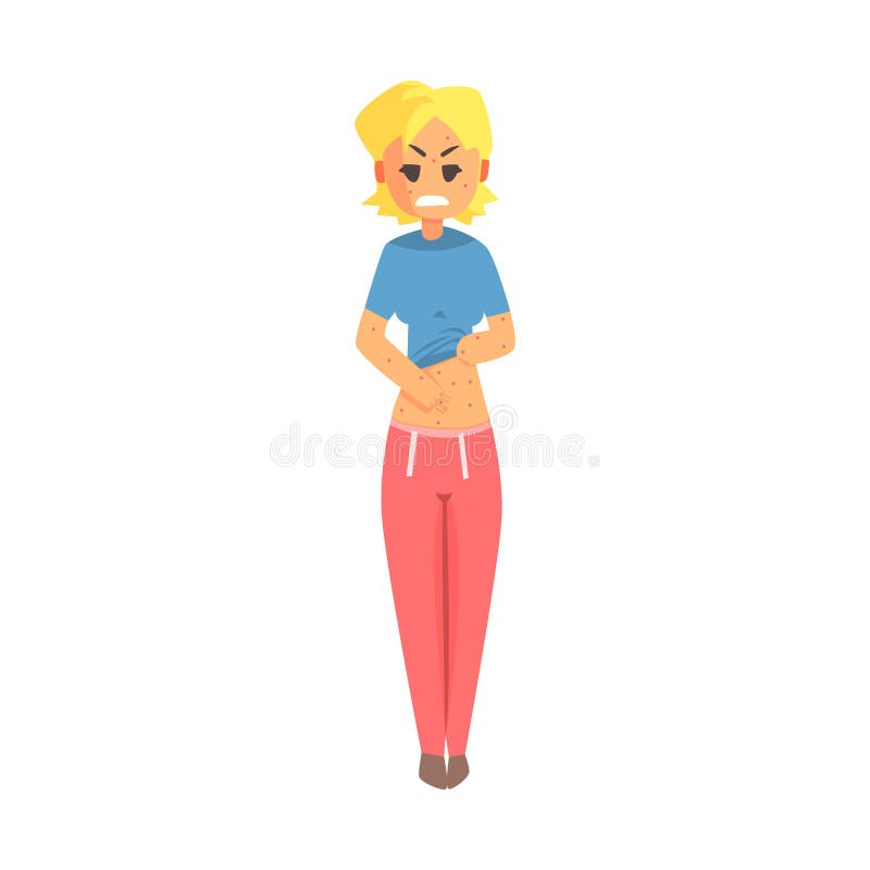 Girl Having Allergy Itching On Belly, Adult Person Feeling Unwell, Sick, Suffering From Illness royalty free illustration Girl Having Allergy Itching On Belly, Adult Person Feeling Unwell, Sick, Suffering From Illness royalty free illustration