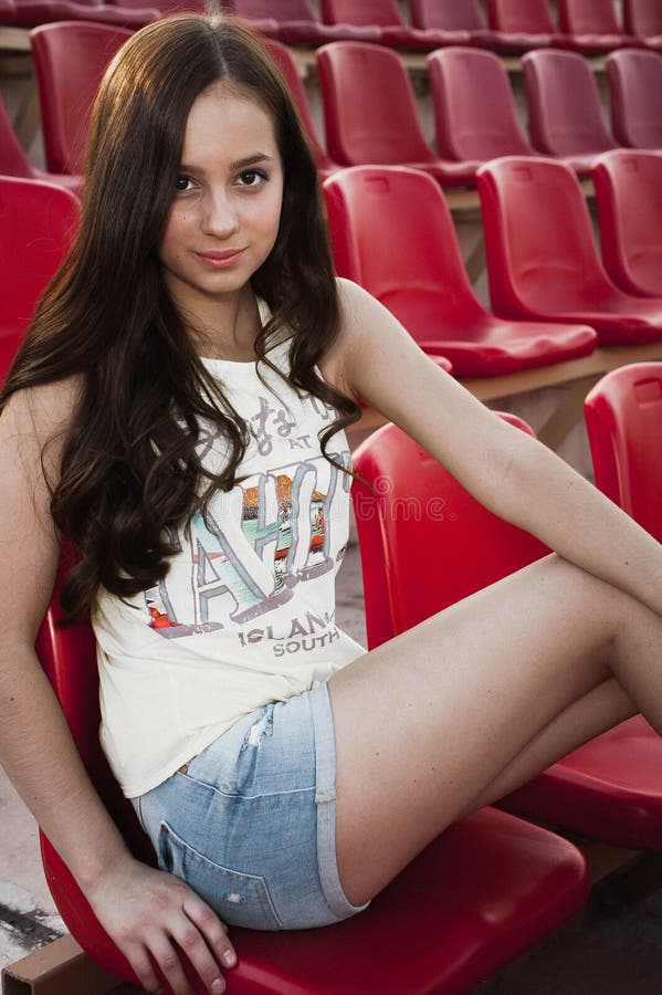 Girl Having Fun Outdoor Pretty Girl Sitting At School Stadium Stock 