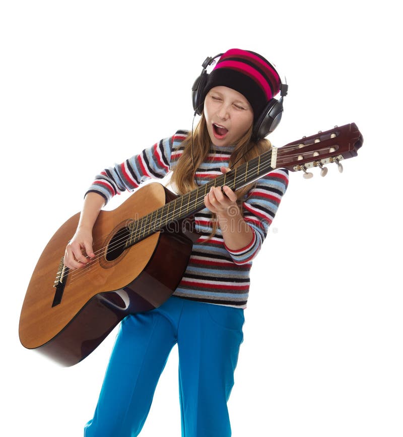 The girl in headphones with a guitar