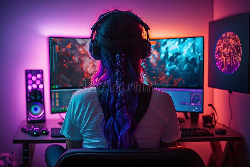 A woman playing computer games. Young woman using computer for playing games.  Cheerful woman in headphones playing online games. Vector flat design  illustration. Square layout. Royalty-Free Stock Image - Storyblocks