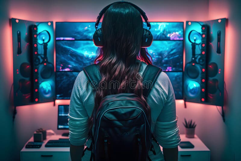 A woman playing computer games. Young woman using computer for playing games.  Cheerful woman in headphones playing online games. Vector flat design  illustration. Square layout. Royalty-Free Stock Image - Storyblocks