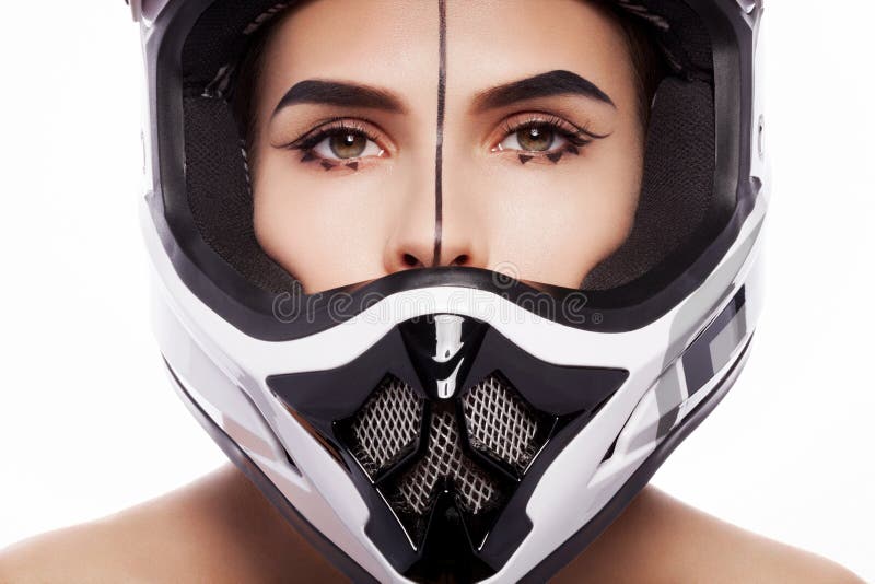 The girl in the helmet. stock image. Image of makeup 62199067