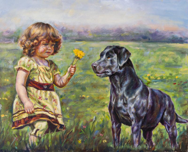 Wholesale oil painting happy family mother with little girl baby dog in field 
