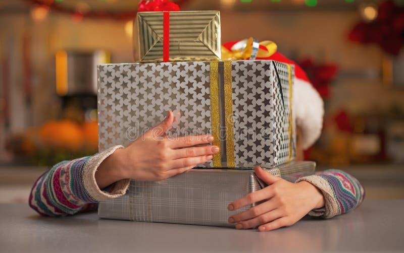 Girl Hiding Behind Christmas Present Boxes Stock Photo Image of