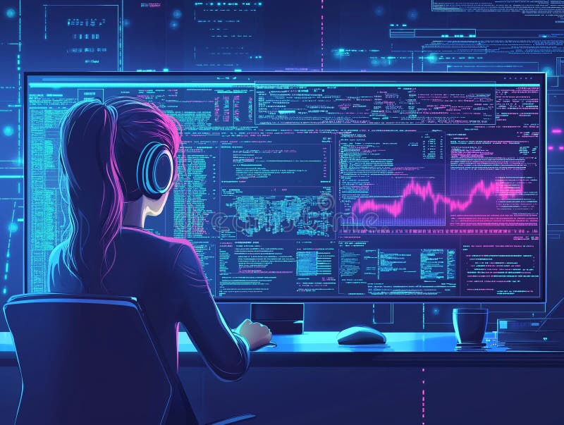 Girl with high ponytail and headphones sits at computer. Girl with high ponytail and headphones sits at monitor with code, graphs and data, graphic image generated by ai