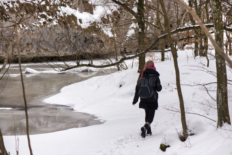 Girl hiking in cold, white winter. royalty free stock image Girl hiking in cold, white winter. royalty free stock image