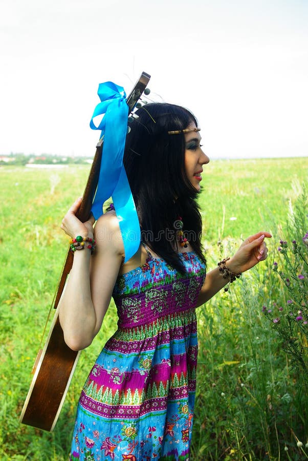 Girl hippie with guitar. Boho chic. Bohemian styl stock images Girl hippie with guitar. Boho chic. Bohemian styl stock images
