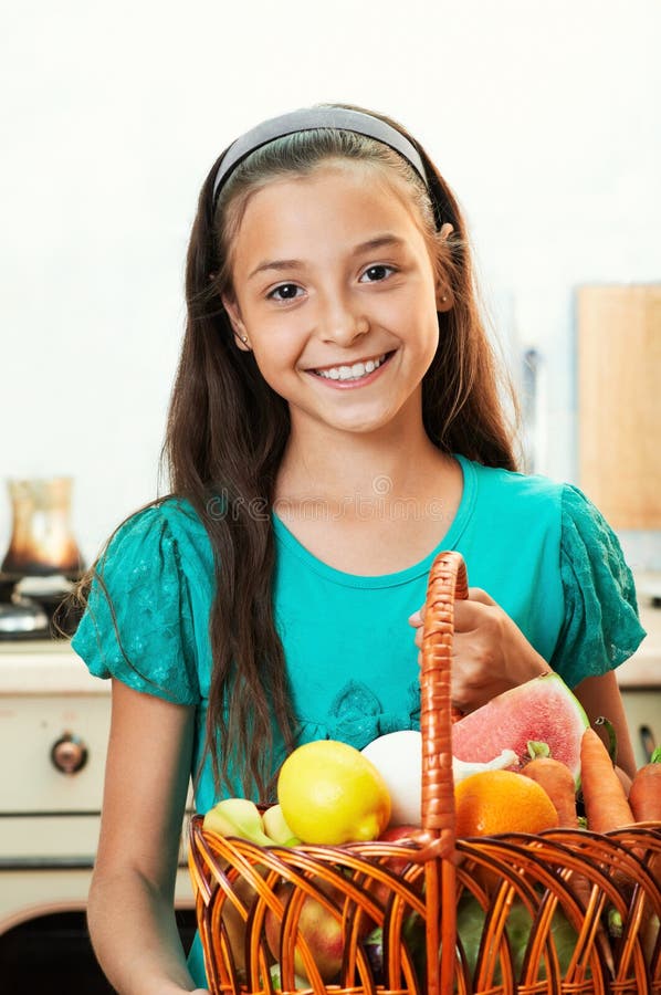 Girl with a Basket of Fruit and Vegetables Stock Photo Image of