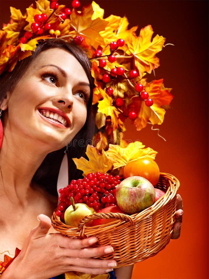 Girl Holding Basket With Fruit. Stock Photo - Image of portrait ...