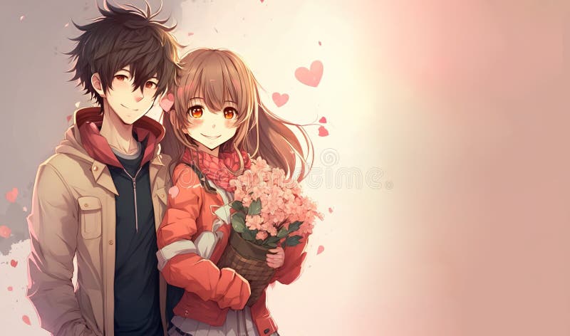 Cute couple in love. Romantic wallpaper. Anime style characters. AI Stock  Illustration