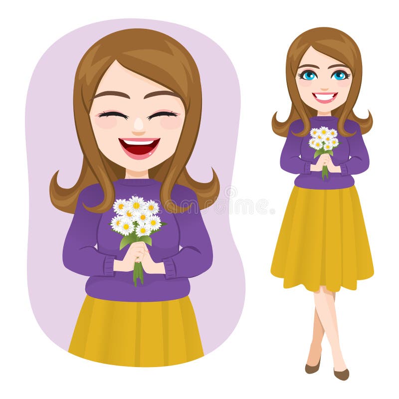 Beautiful young happy girl smiling holding spring daisy flowers bouquet. Beautiful young happy girl smiling holding spring daisy flowers bouquet