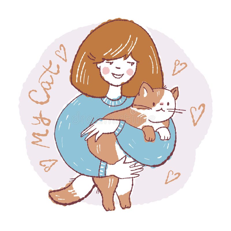 The Girl is Holding Her Cat in Her Arms Stock Vector - Illustration of