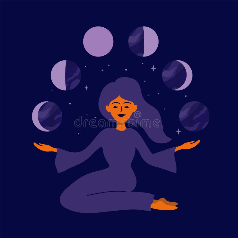 Illustration of Woman and Moon Phases on Night Starry Sky Stock