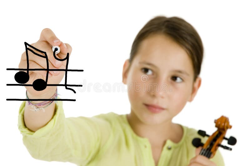 Girl holding a pen and a violin