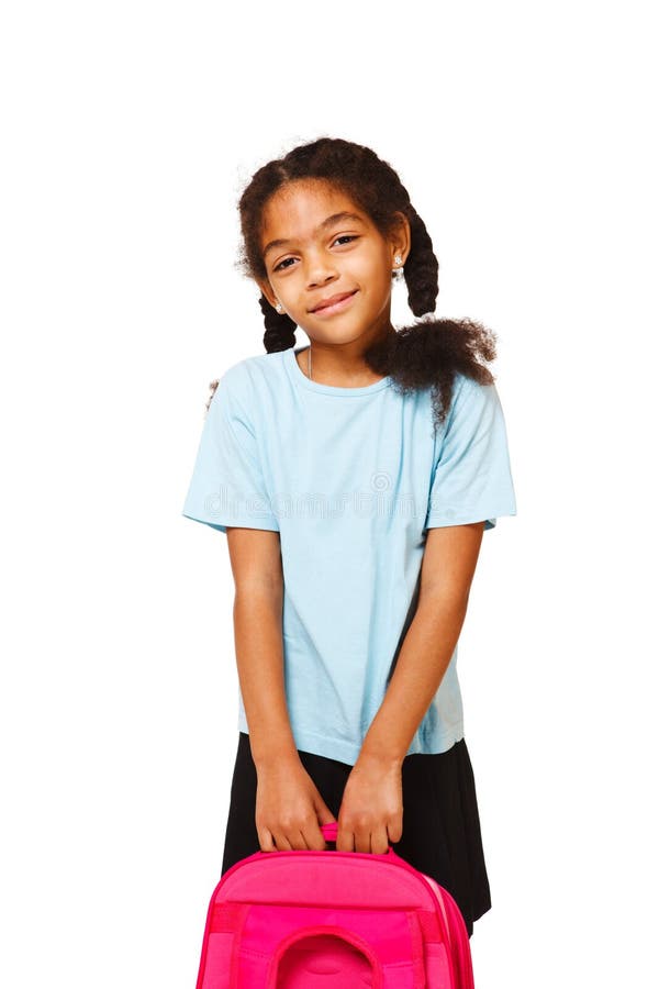 Girl holding school backpack royalty free stock images