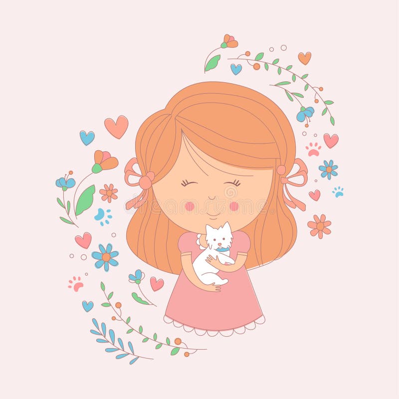 Girl Holding A Small White Dog Surrounded By Hearts And Flowers royalty free illustration Girl Holding A Small White Dog Surrounded By Hearts And Flowers royalty free illustration