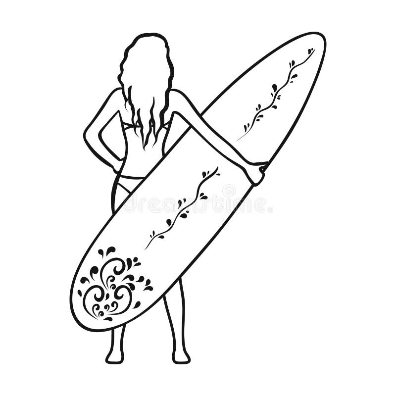 pic Surfboard Cartoon Outline girl is holding a surfboard icon in