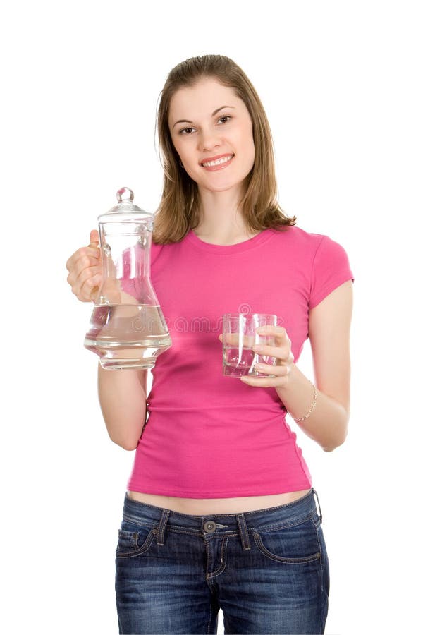 Girl holding water-bottle and glass of water; isol