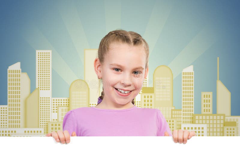 Girl holding a white banner royalty free stock photos