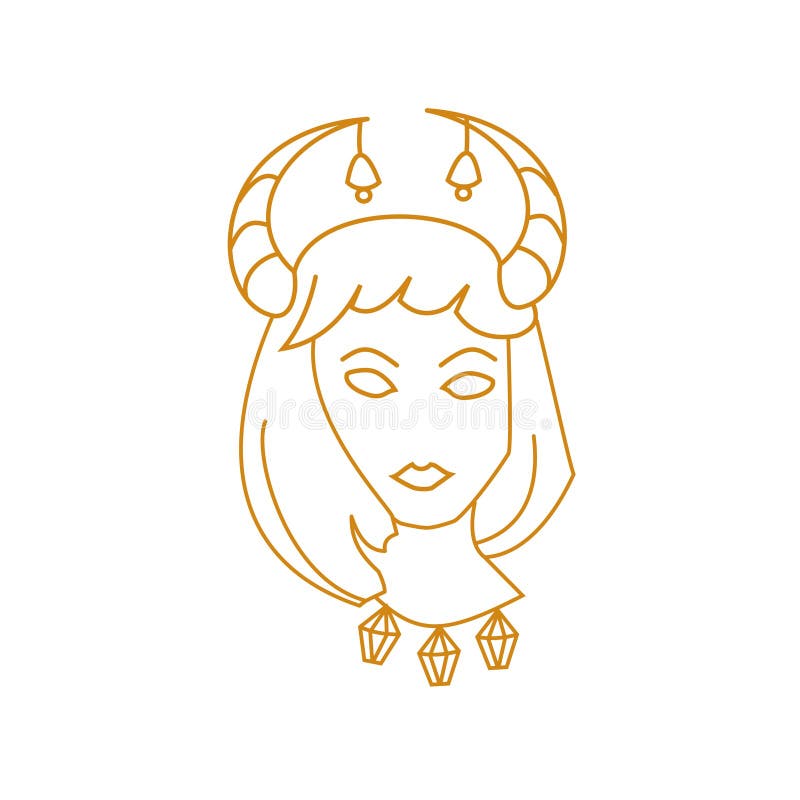 Girl with Horns and Bells Outline Portrait Stock Vector - Illustration ...