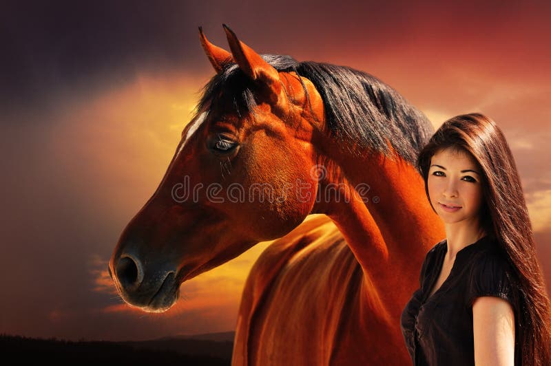 Girl and horse on the background of dramatic sky