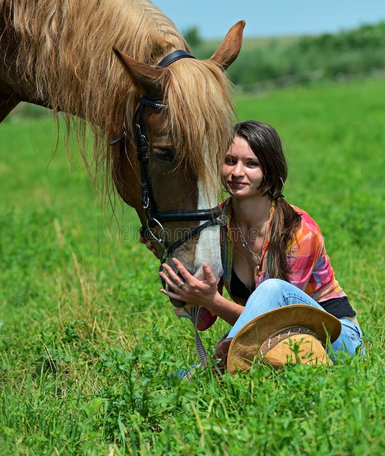 Girl with a horse stock image. Image of flora, mood, outdoor 32771315