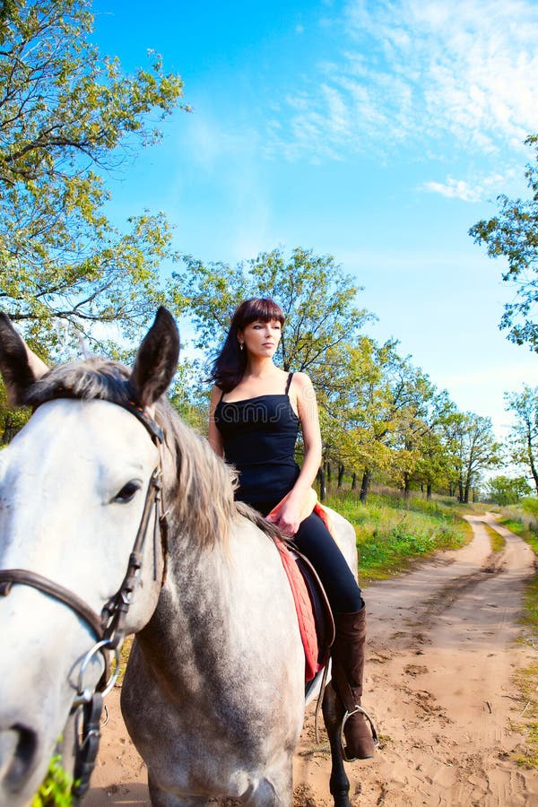 Beautiful Girl on Horse Walk in Woods Stock Photo Image of