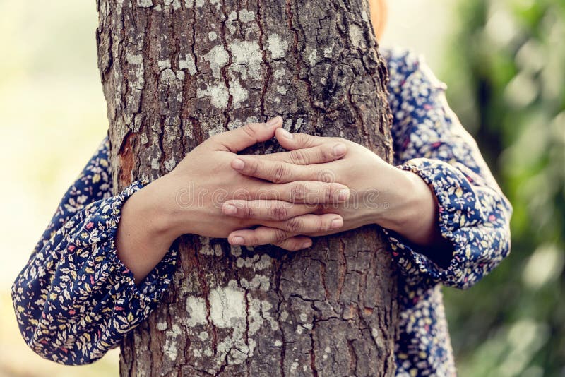 Girl hugging the tree in the nature background.