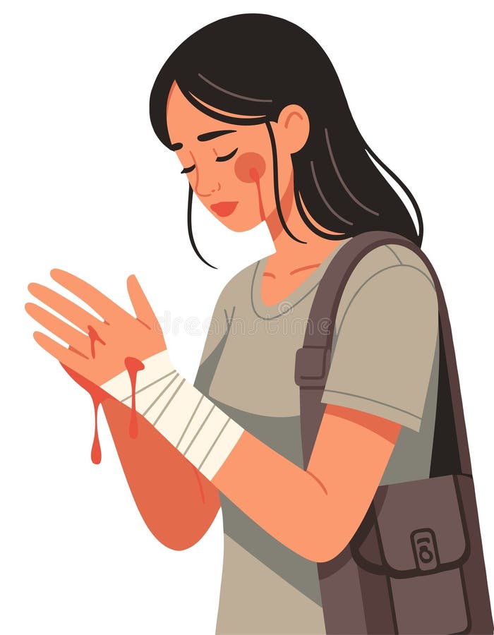 Girl with injured bleeding arm wound accident medical aid royalty free illustration
