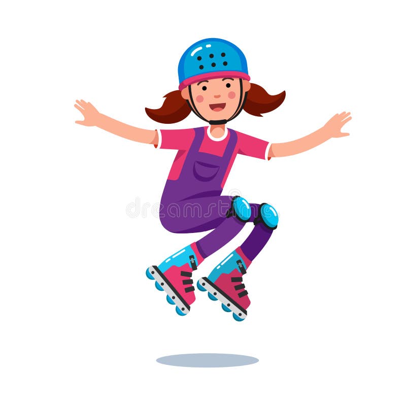 Girl in jumpsuit, helmet jumping on roller blades