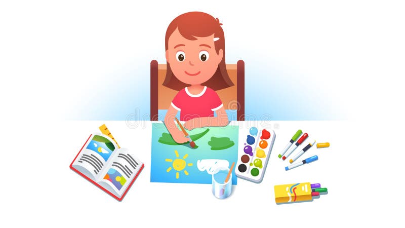 Girl kid sitting at table, painting summer picture using brush, paints. Painter student cartoon character reading textbook learning, mastering paint. Child art education. Flat vector illustration
