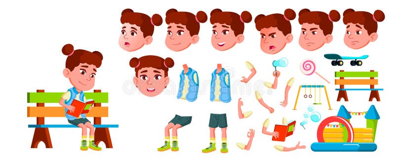 Girl Kindergarten Kid Vector. Animation Creation Set. Face Emotions, Gestures. Friendly Little Children. Cute, Comic stock illustration Girl Kindergarten Kid Vector. Animation Creation Set. Face Emotions, Gestures. Friendly Little Children. Cute, Comic stock illustration