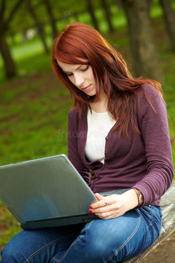 The Girl with Laptop on the Nature Stock Photo Image of career, park