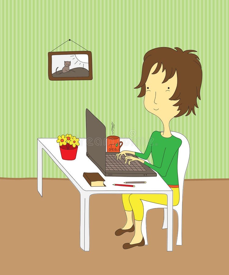 Cartoon girl sitting at her desk, working on a laptop. Cartoon girl sitting at her desk, working on a laptop.