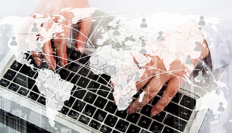 Girl with laptop. The concept of virtual communication on the map stock images