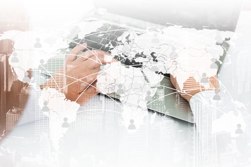 Girl with laptop. The concept of virtual communication on the map stock image