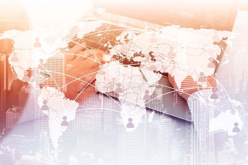 Girl with laptop. The concept of virtual communication on the map royalty free stock image