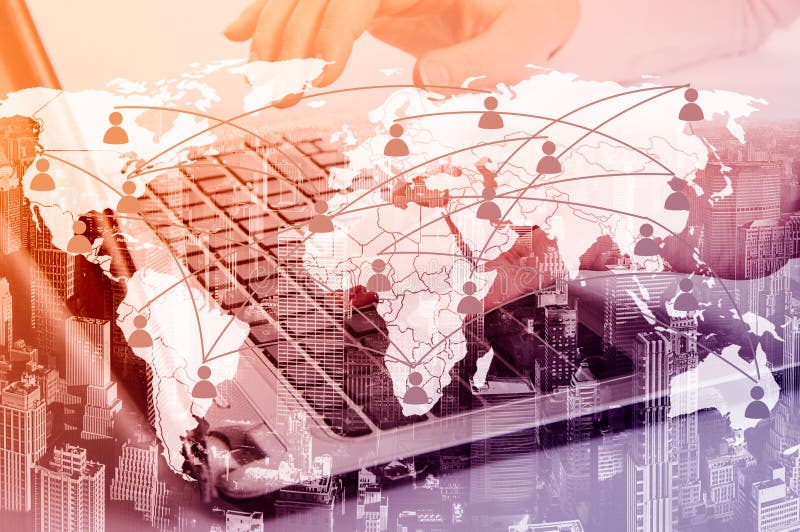 Girl with laptop. The concept of virtual communication on the map royalty free stock photography